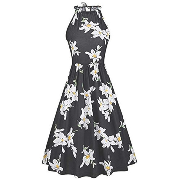 NWT A-line Halter Floral Midi Dress w/ Pockets! - Picture 2 of 4